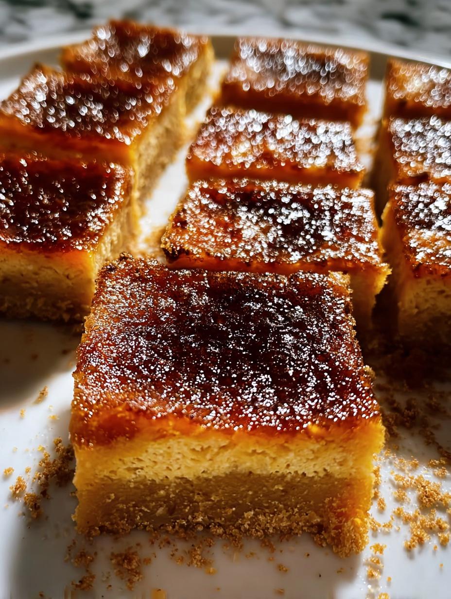 Irresistible Sweet Potato Creme Brulee bars with a golden caramelized sugar topping on a white plate