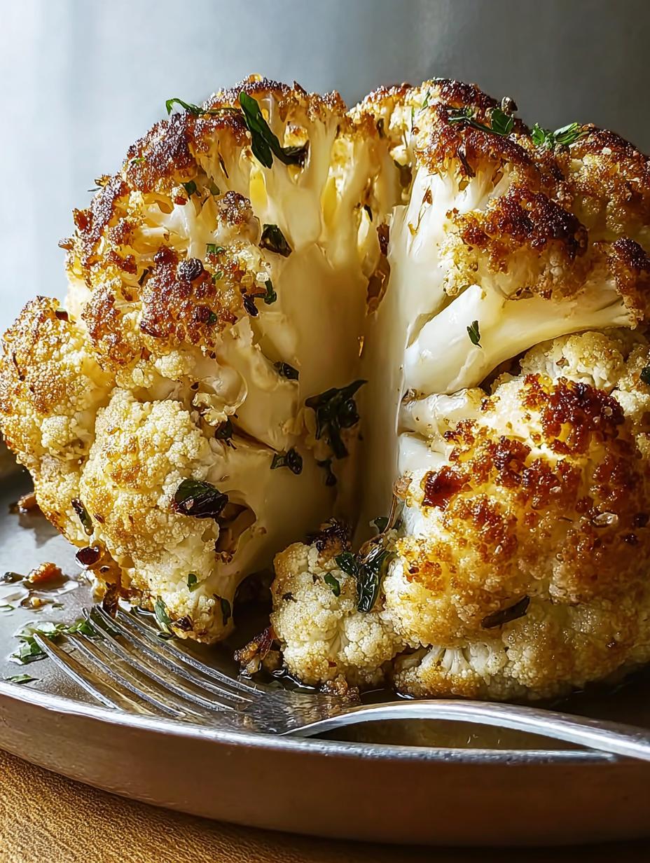 Close-up of a perfectly roasted Thanksgiving Cauliflower floret, tender and golden, garnished with fresh parsley and ready to be enjoyed