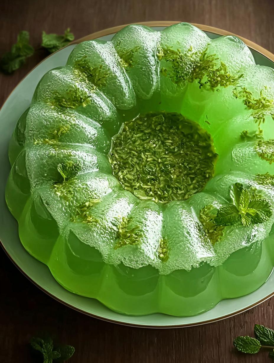 Vibrant Thanksgiving Lime Gelatin Salad in a clear dish, ready to be served, showing its creamy texture and bright green color