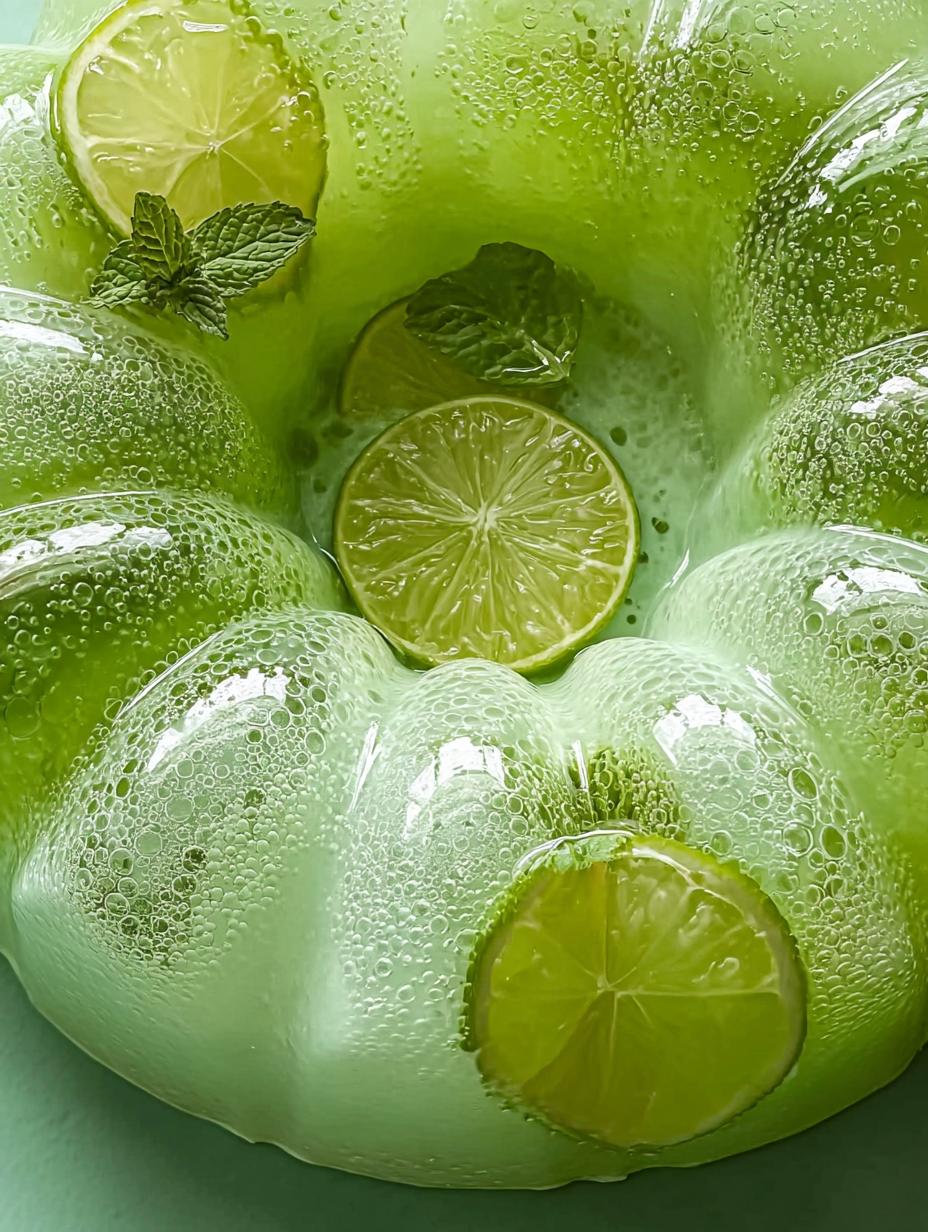 Close-up of a serving of Thanksgiving Lime Gelatin Salad with a dollop of whipped cream and a mint leaf, highlighting its refreshing appeal
