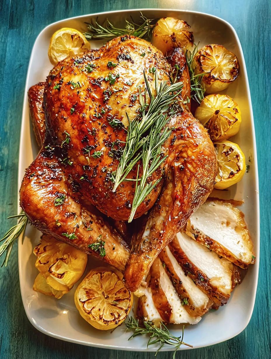 Delicious Thanksgiving Turkey Lemon Garlic with crispy skin and fresh herbs on a platter