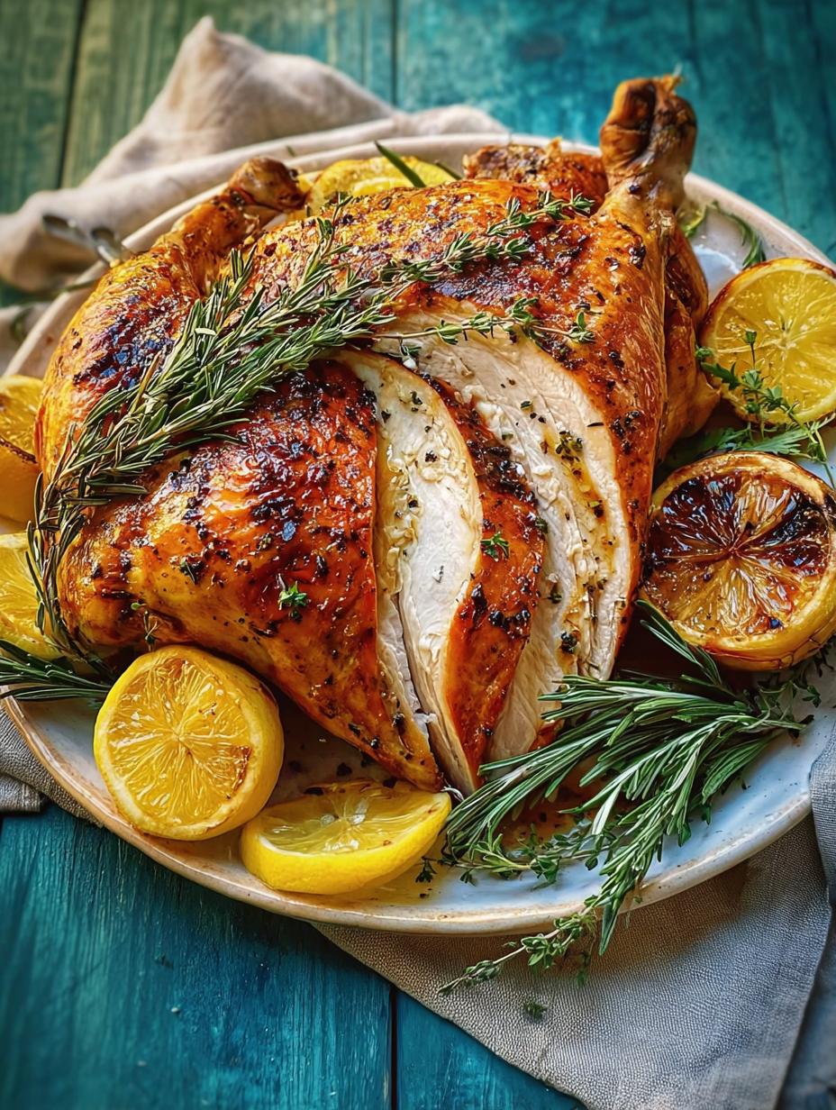 Close-up of roasted Thanksgiving Turkey Lemon Garlic pieces garnished with fresh lemon and parsley