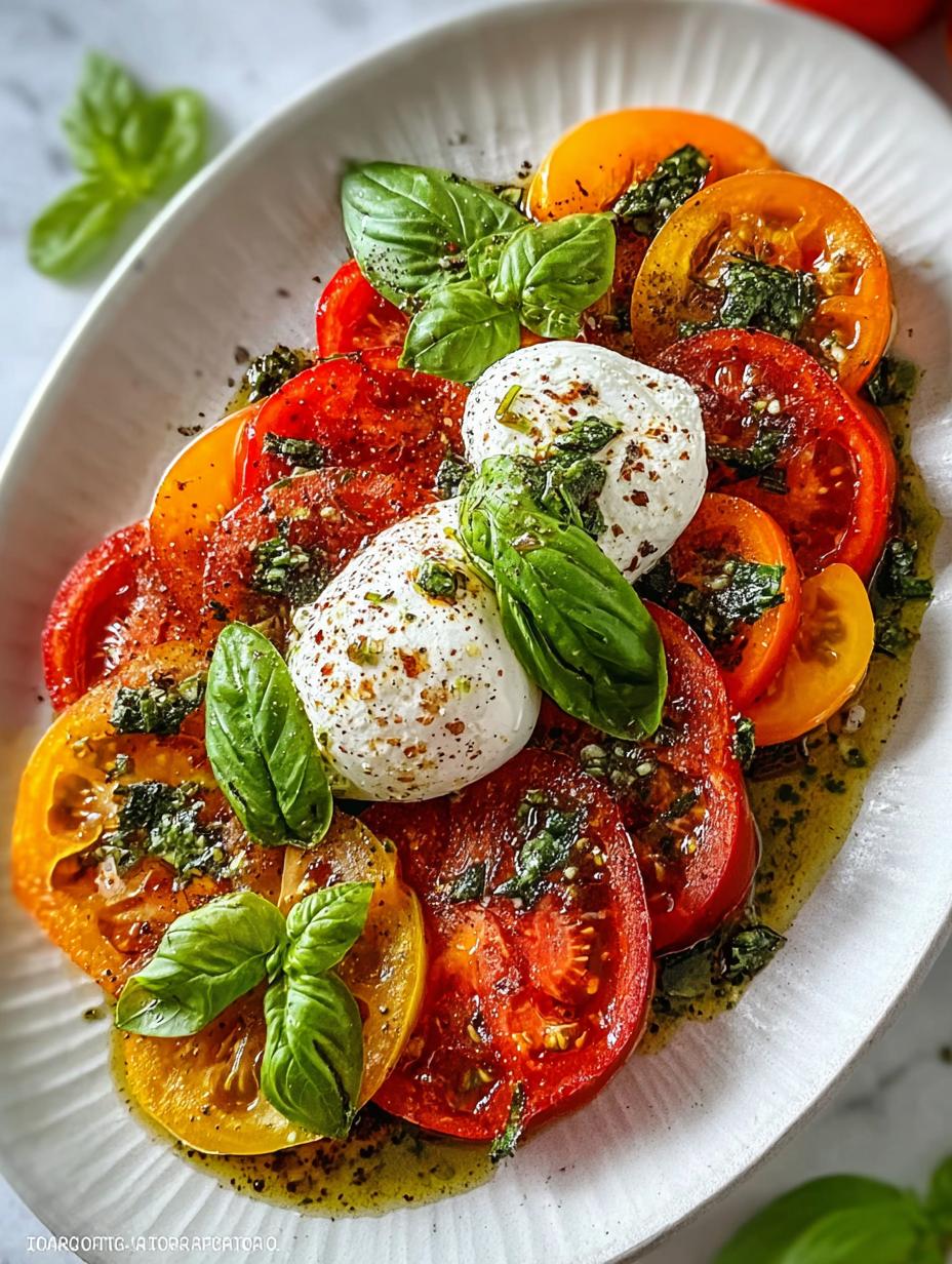 Close-up of a creamy Tomato Burrata Salad with vibrant tomatoes and fresh basil, highlighting amazing freshness