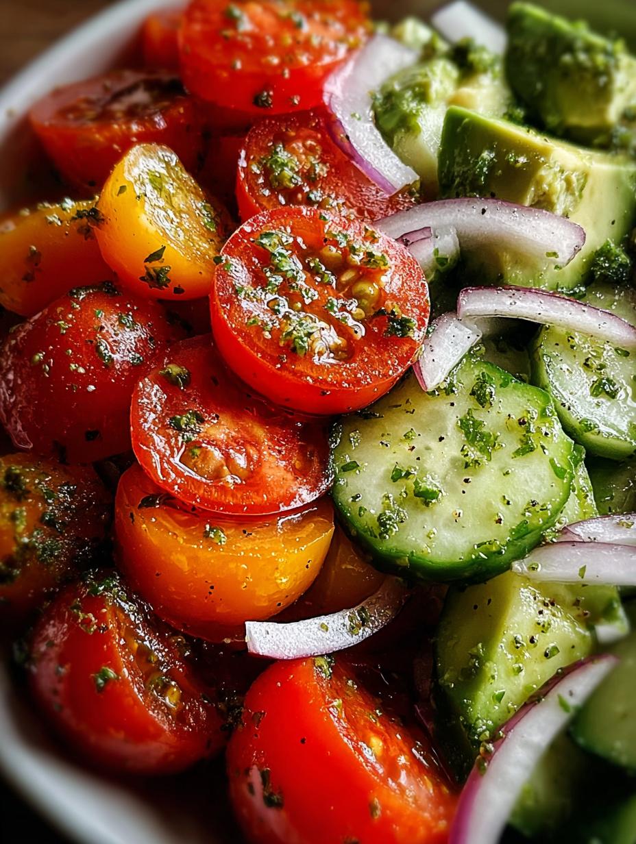Vibrant Tomato Cucumber Avocado Salad with fresh basil pesto dressing in a white bowl