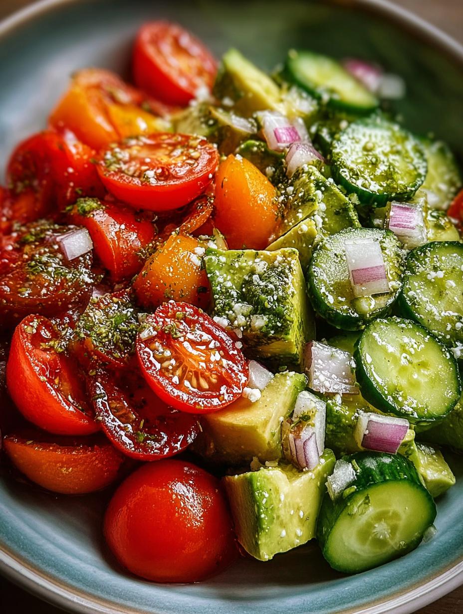 Close-up of fresh Tomato Cucumber Avocado Salad with vibrant colors and creamy avocado