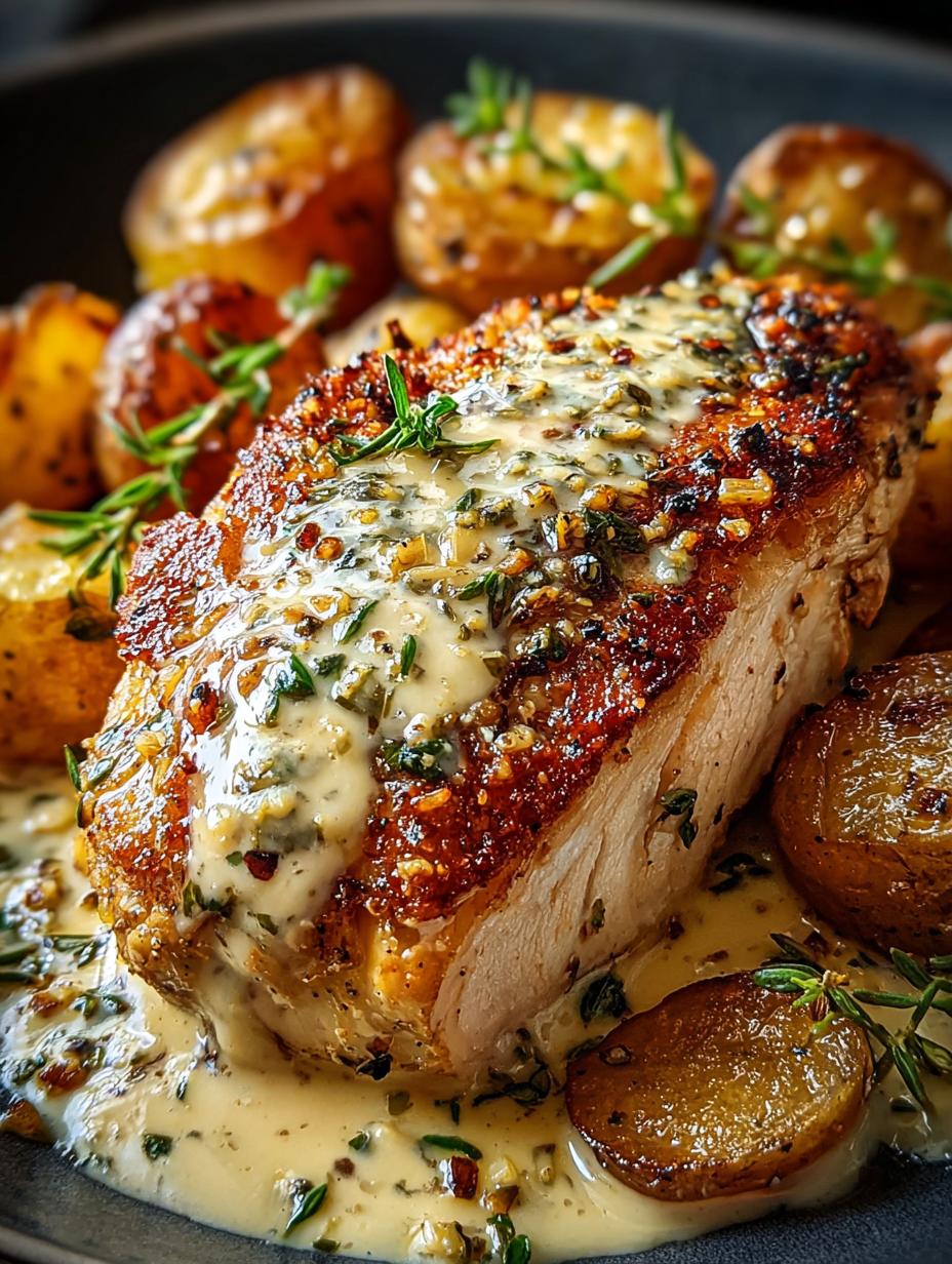 Creamy Garlic Chicken Roasted with Baby Potatoes - Creamy Garlic Chicken Roasted - main visual representation