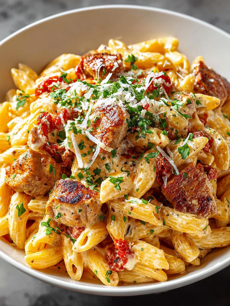 Irresistible Chicken Chorizo Pasta Creamy ready to serve in a bowl