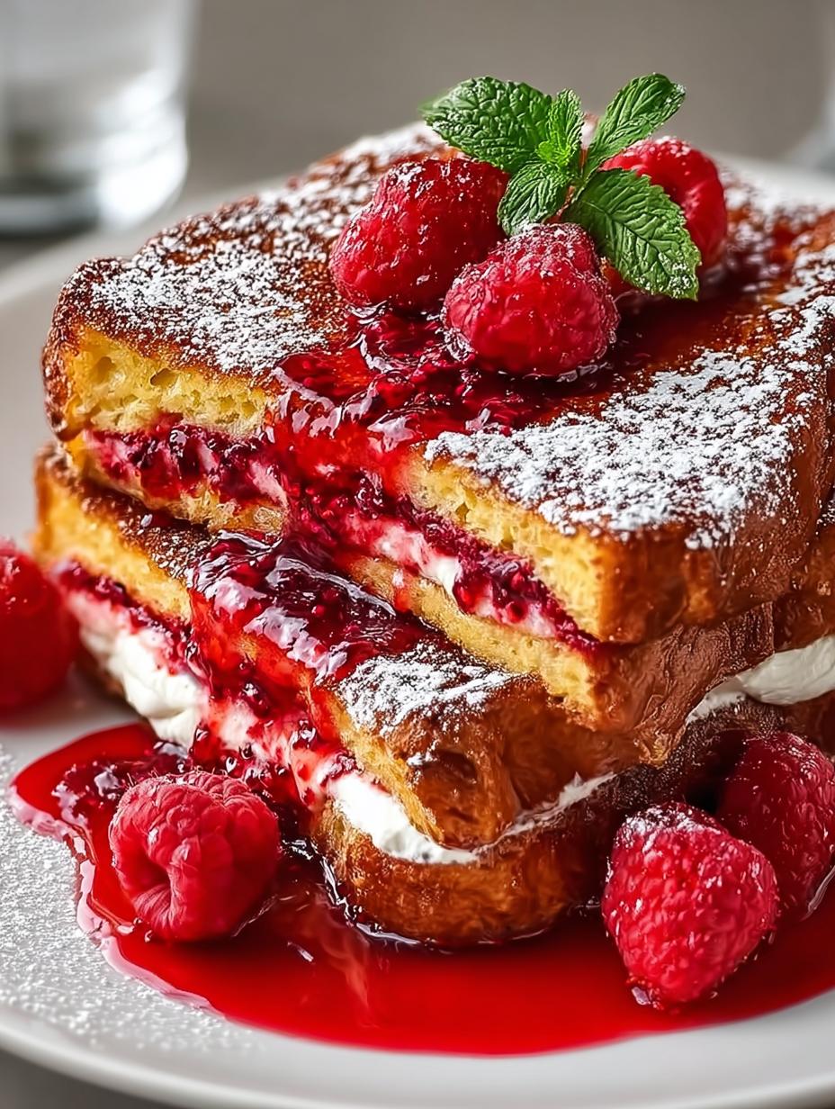Irresistible Red Velvet French Toast served with syrup and berries