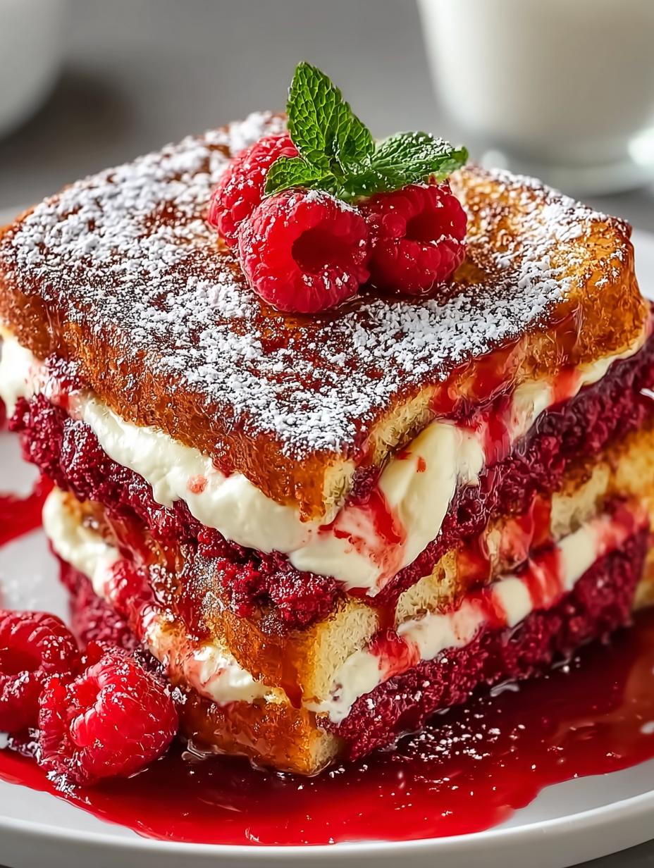Delicious Red Velvet French Toast topped with cream cheese frosting