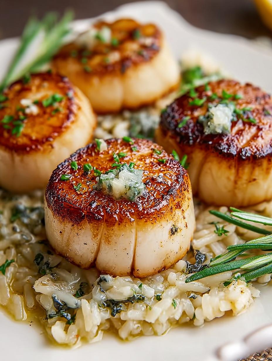 Sage Butter Scallops with Brie & Roasted Garlic Basmati - Sage Butter Scallops with - additional detail